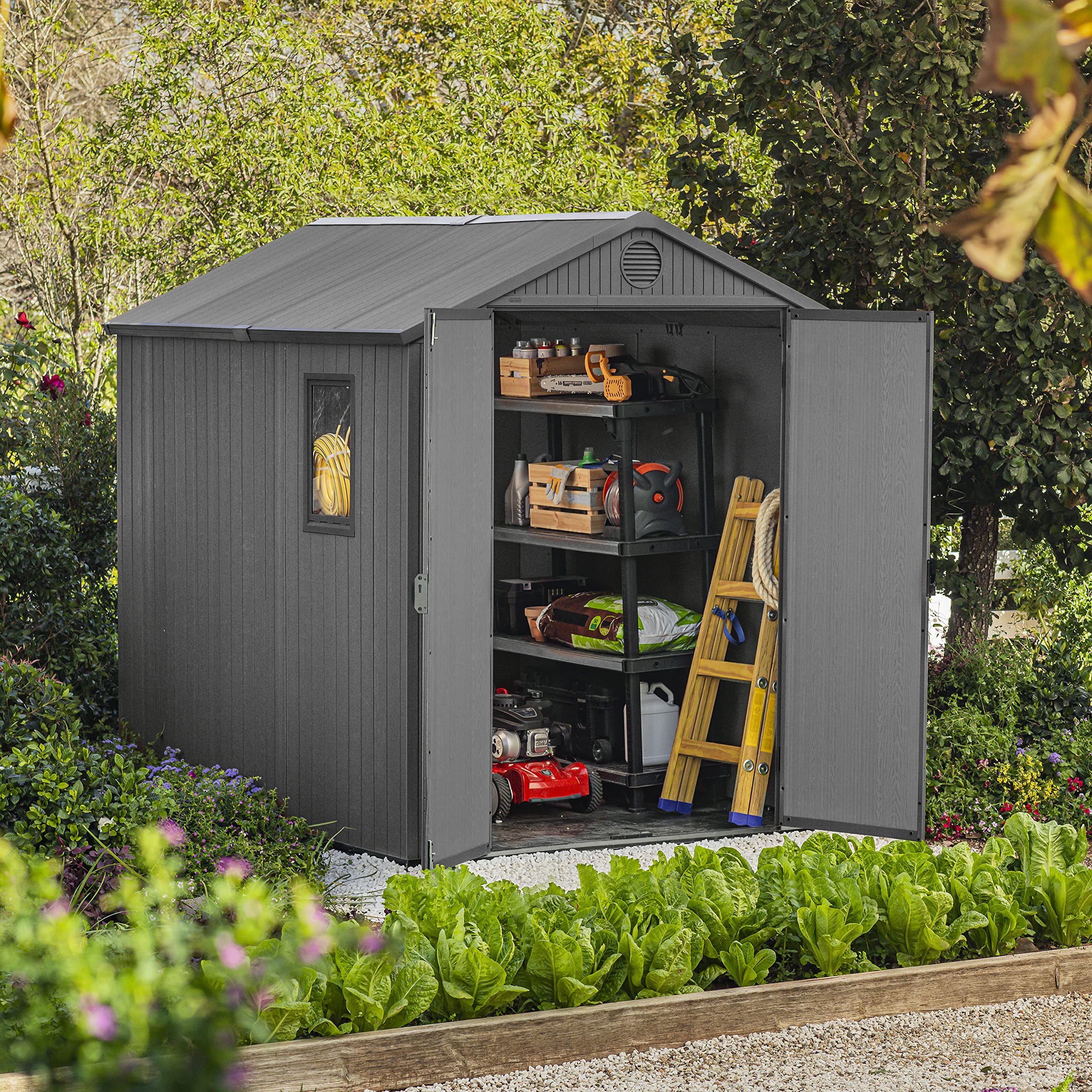 Keter Darwin Outdoor Apex Double Door Garden Storage Shed 6 x 8ft Grey Evotech+ Wood Look and Feel | Fade Free | All Weather Resistant | Safe and Secure | Zero Maintenance | 15 year Warranty — view 6
