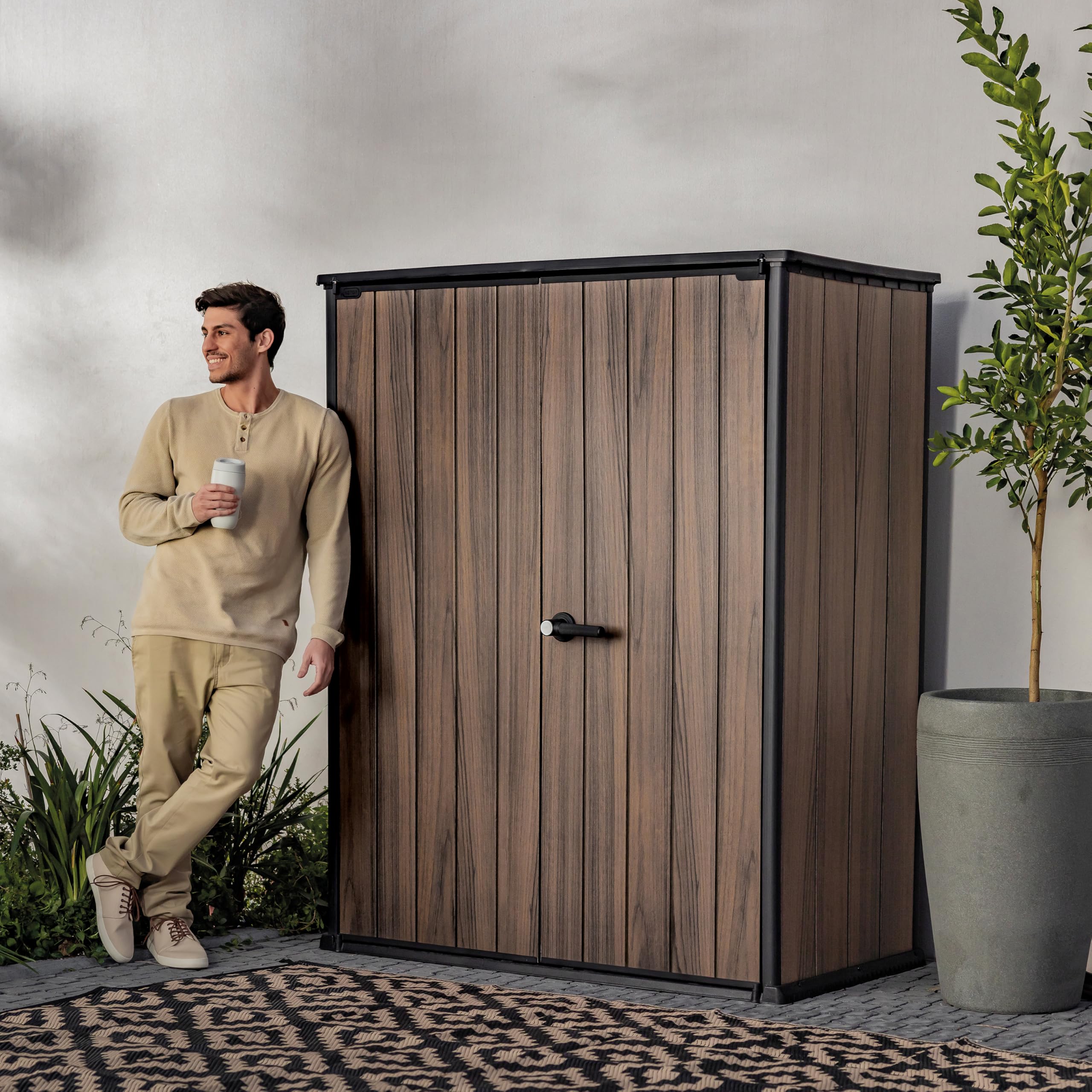Keter Signature 1400L High Store – Premium Vertical Outdoor Storage Cabinet | Rosewood Wood‑Effect | Secure, Weather‑Resistant & Easy Assembly — view 5