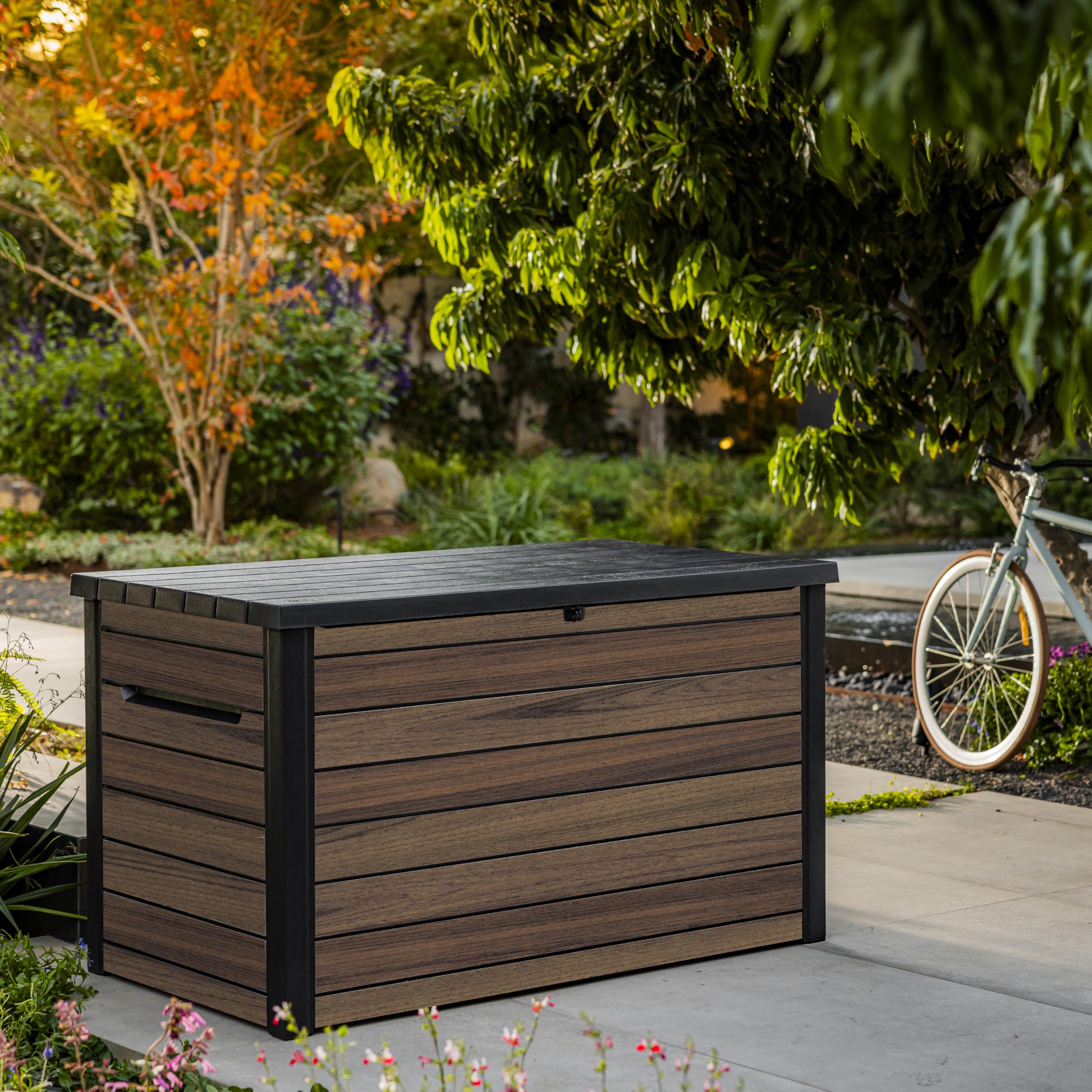 Keter Signature Ontario 870L Outdoor Storage Box – Rosewood | Weather‑Resistant Wood‑Look Storage Box with Lockable Lid, Extra Seating for 2, UV‑Protected Garden Storage — view 6