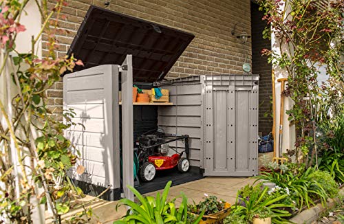 Keter Store It Out Pro Outdoor Garden Furniture Storage Shed Beige with Brown Lid Fade Free All Weather Resistant Safe and Secure Zero Maintenance 5 year Warranty — view 3